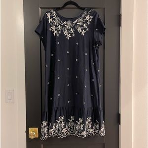 J. Jill Navy Dress with Embroidered Flowers